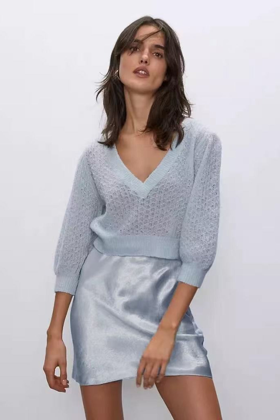 Satin Pleated Denim Mini Skort
