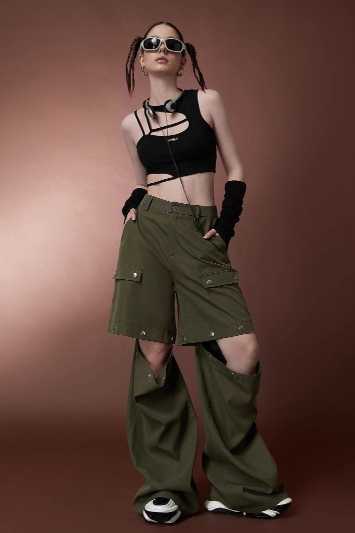 High Waist Convertible Multi-Pocket Cargo Straight Pants