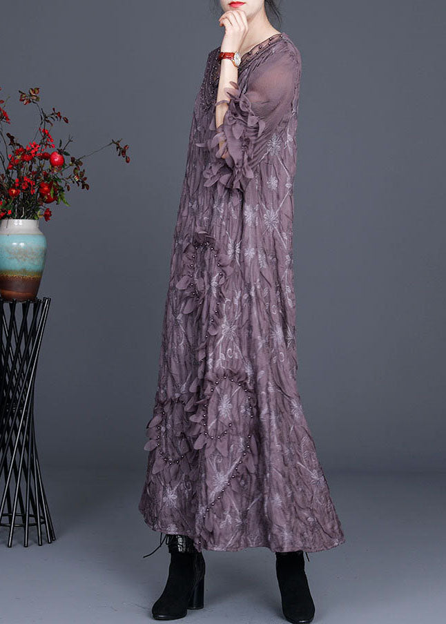 Embroidered Lace Trim V-Neck Leaf Appliqué Long Sleeve Maxi Dress - View 2