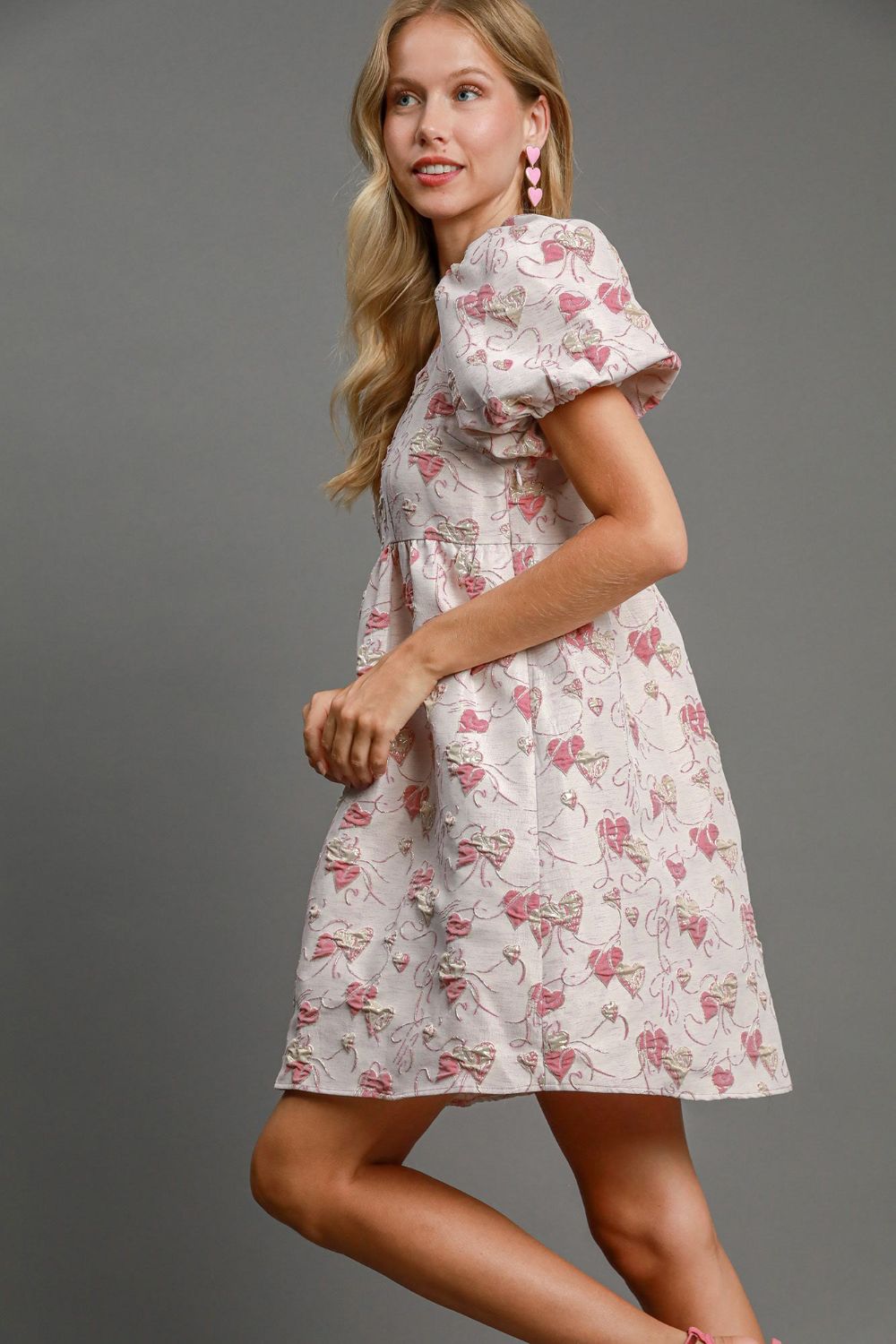 Jacquard Square Neck Puff Sleeve Babydoll Mini Dress - View 3