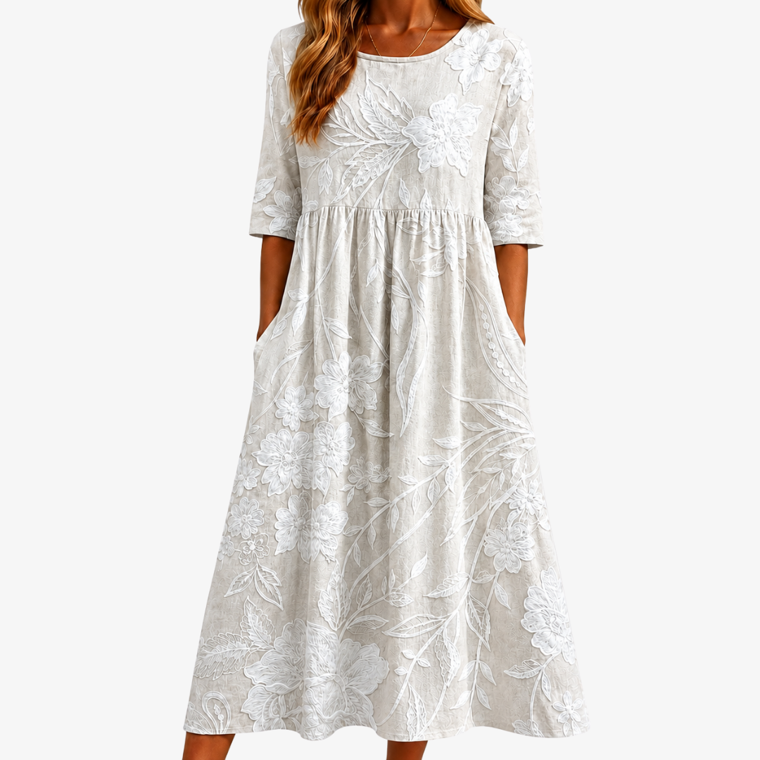 Floral Round Neck 3/4 Sleeve High Waist Pocket Midi Dress