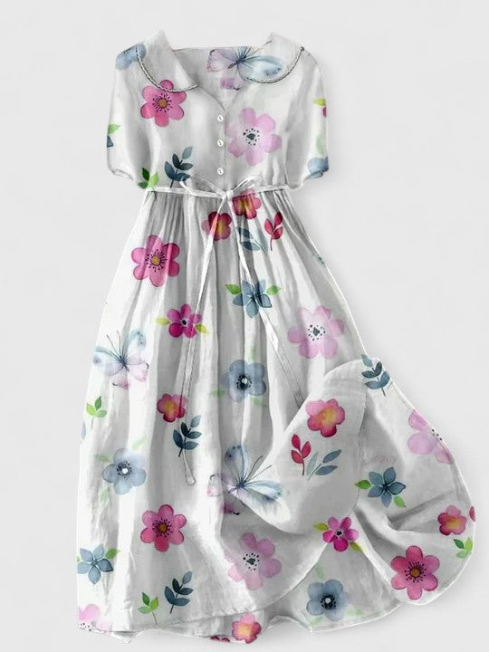 Floral Print Peter Pan Collar Short Sleeve Belted Maxi Dress 2