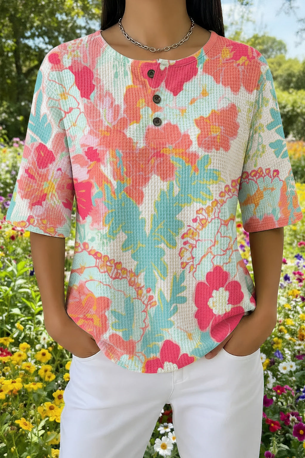 Watercolor Floral Print Button Placket Short Sleeve Waffle Knit Top