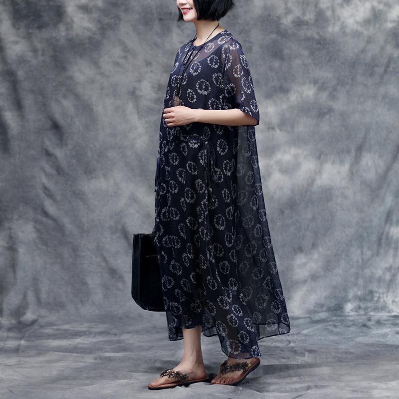 Peace Sign Print Henley Neck Short Sleeve Drawstring Maxi Dress - View 2