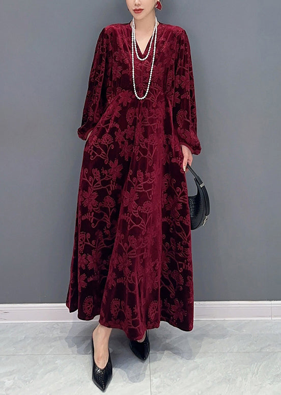 Floral Burnout Velvet Deep V-Neck Bishop Sleeve Maxi Dress