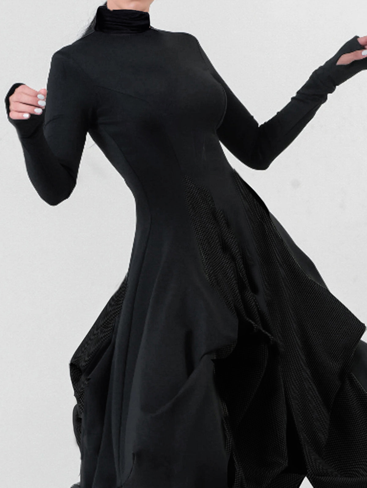 High Neck Thumbhole Long Sleeve Mesh Panel Bubble Hem Midi Dress - View 2
