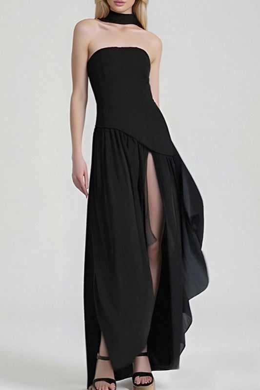 Strapless Asymmetric Wrap High Split Maxi Dress - View 2