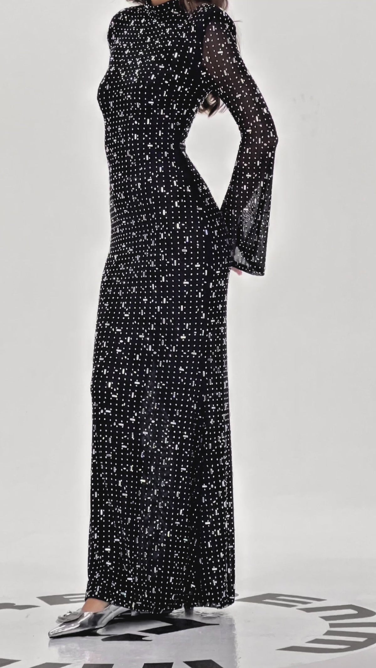 Rhinestone Mesh High Neck Bell Sleeve Bodycon Mermaid Maxi Dress - View 3