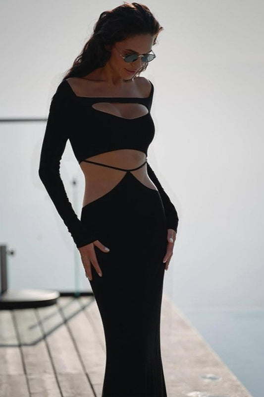 Square Neck Long Sleeve Cut Out Bodycon Maxi Dress - View 8