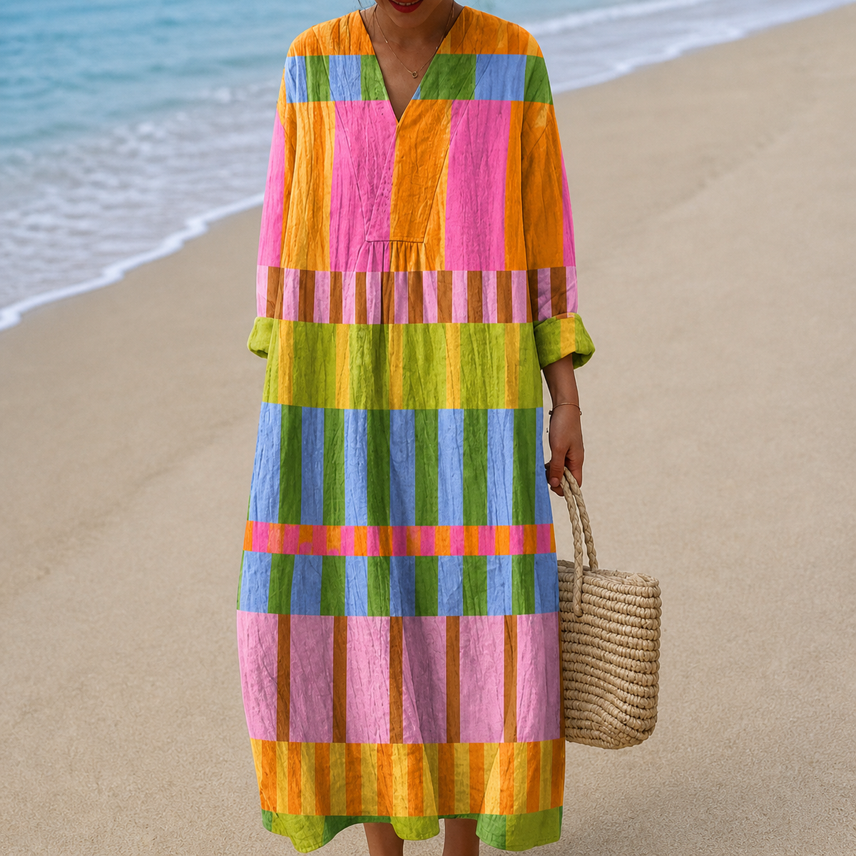 Colorblock Striped V-Neck Long Sleeve Maxi Dress