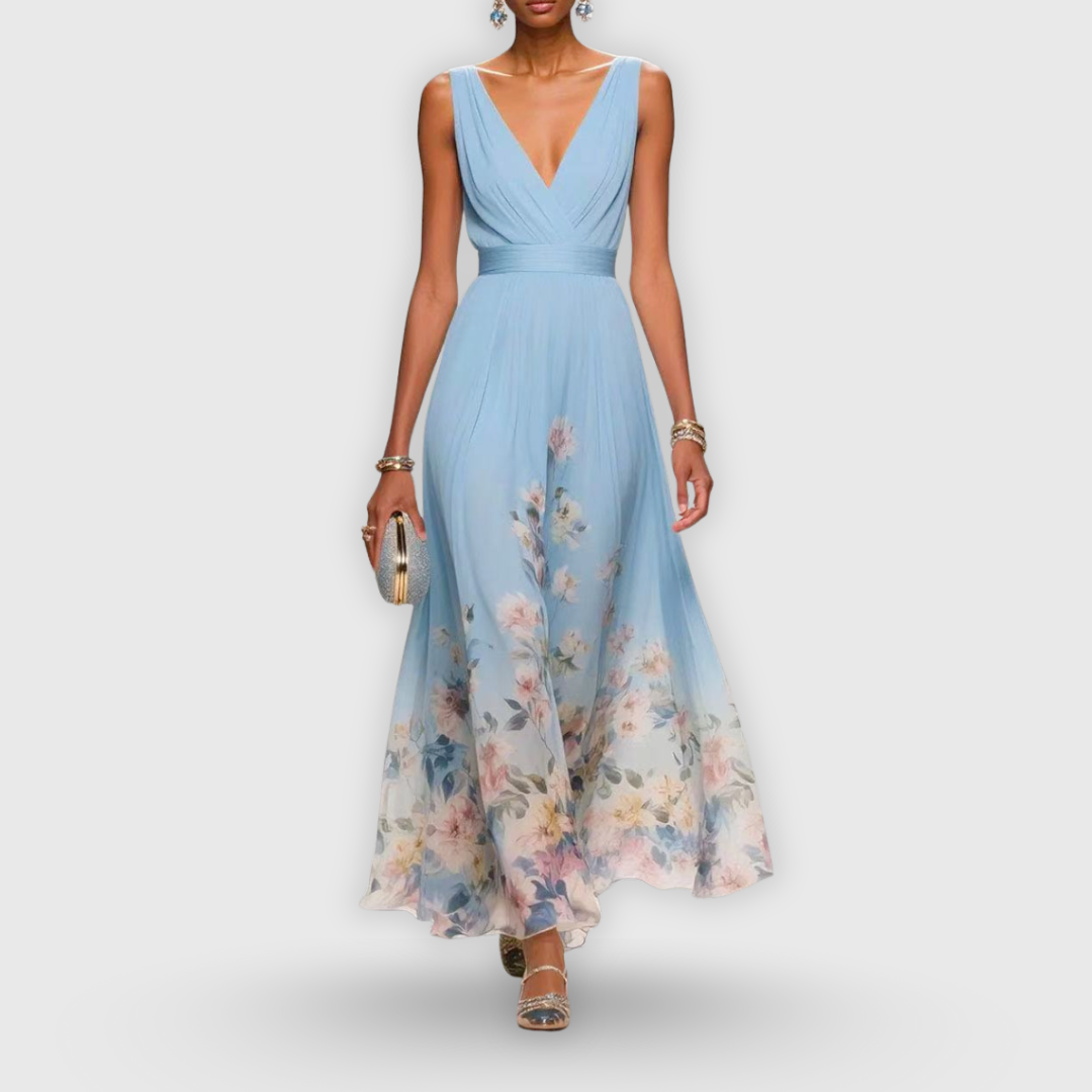 V-Neck Sleeveless Floral Pleated Chiffon Maxi Gown