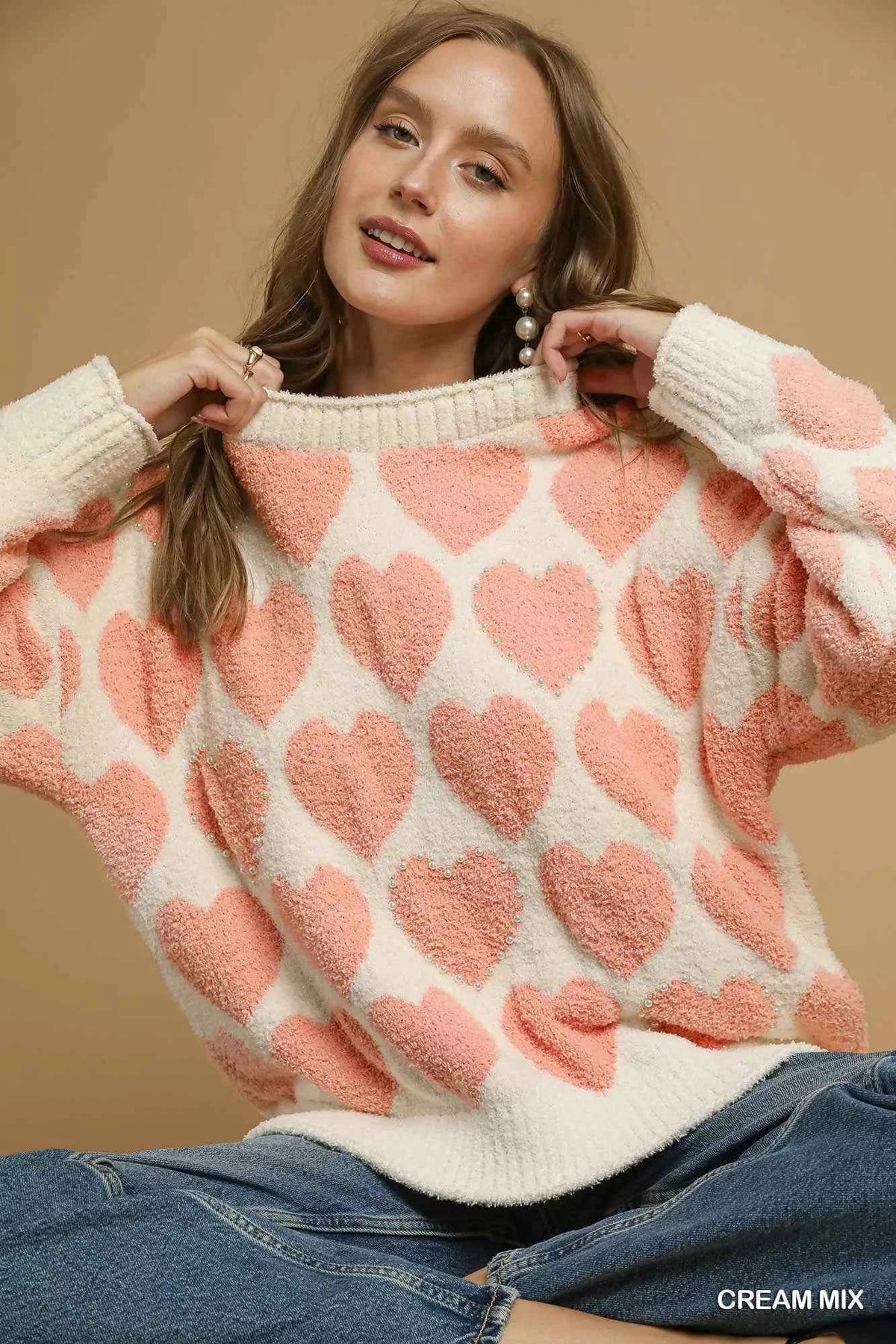 Mix Heart Pattern Pearl Accent Sweater