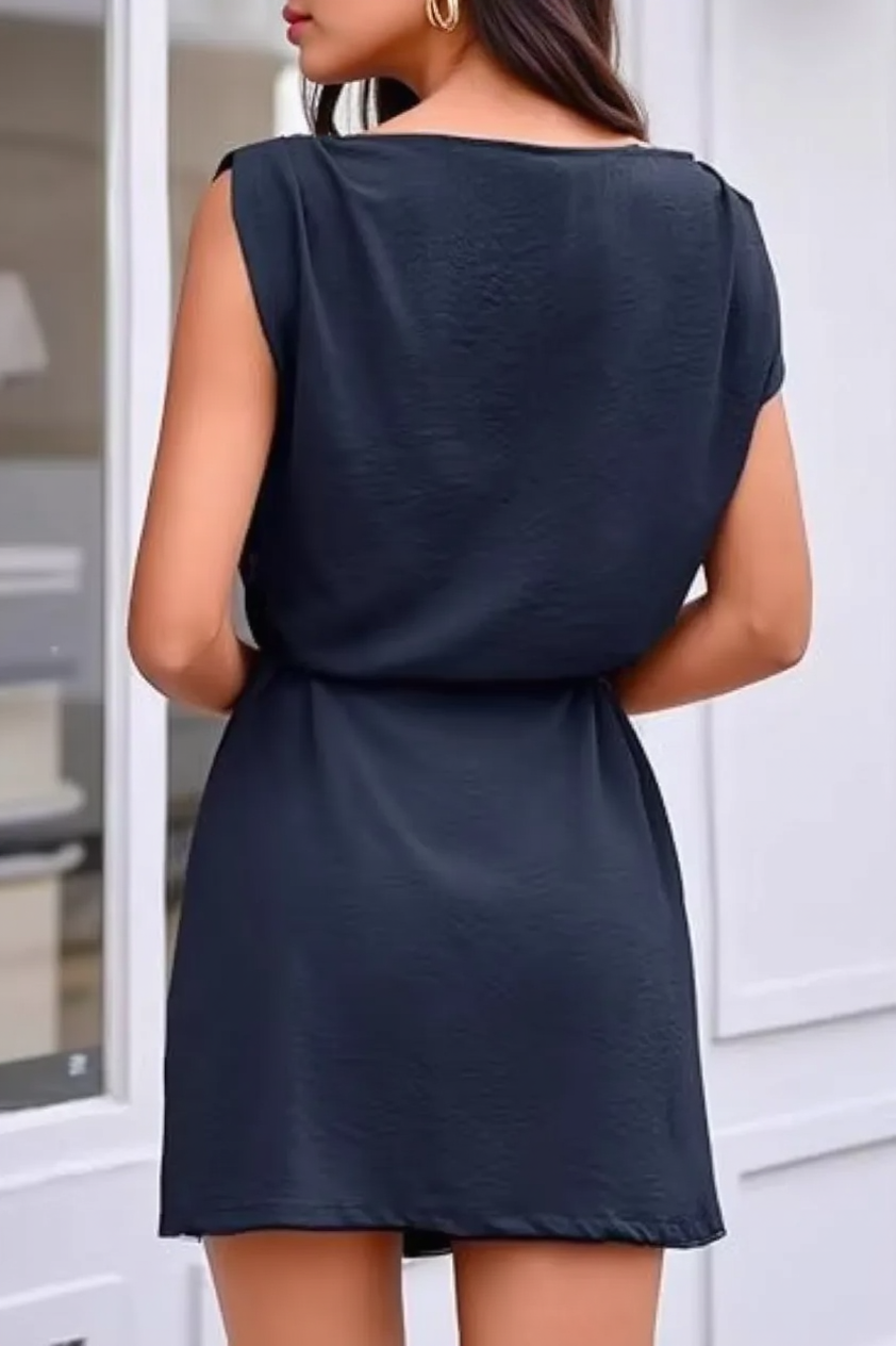 Boat Neck Cap Sleeve Belted Ruched Mini Dress 3