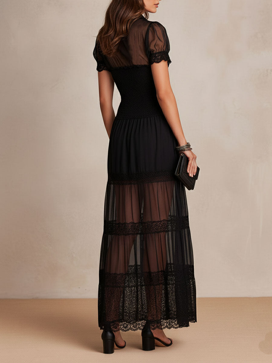 Sheer Mesh Button Front Lace Trim Tiered Maxi Dress 4
