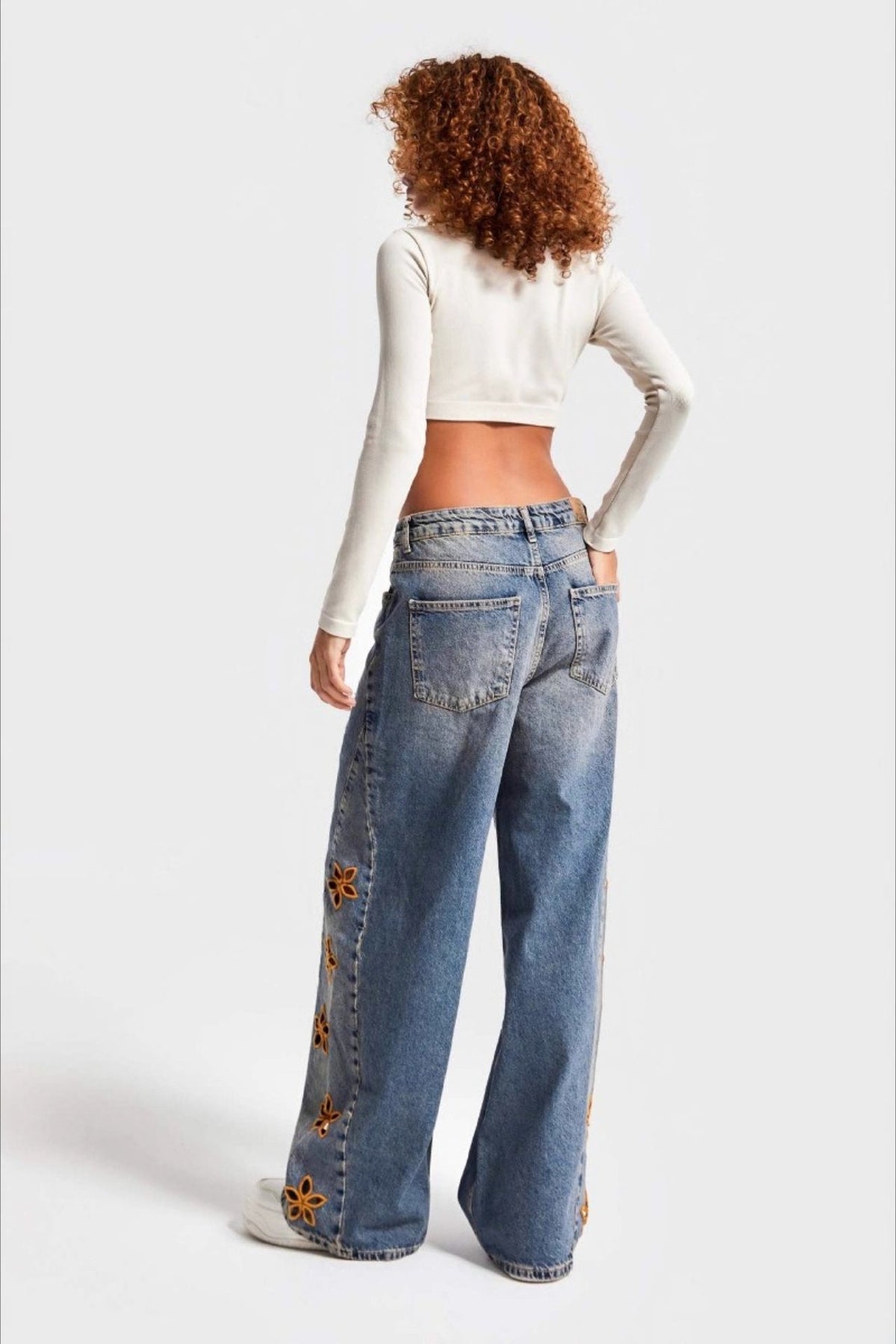 High-Waist Embroidered Wide-Leg Denim Jeans