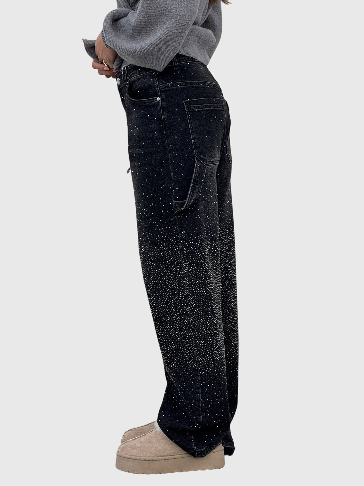 Rhinestone Embellished Wide Leg Cargo Jeans 12