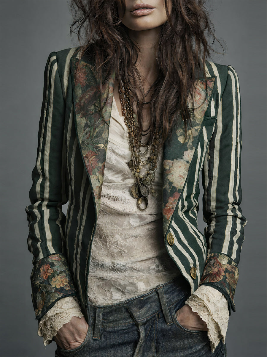 Striped Floral Panel Contrast Lapel Blazer 7