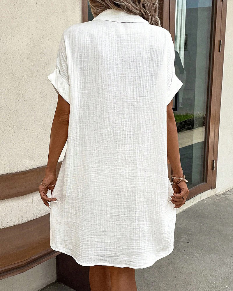 Crinkle Button Front Short Sleeve Pocket Shirt Dress 10
