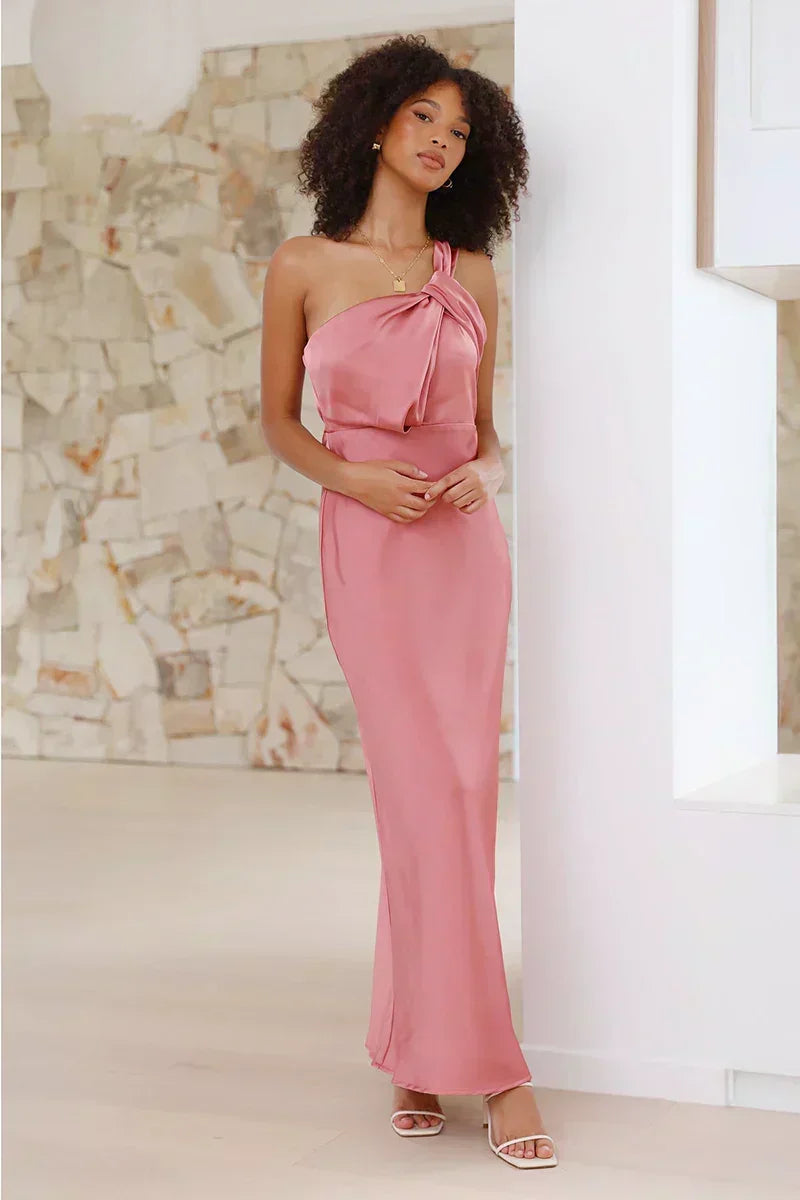 Satin One Shoulder Bias Cut Slip Column Maxi Dress - View 2