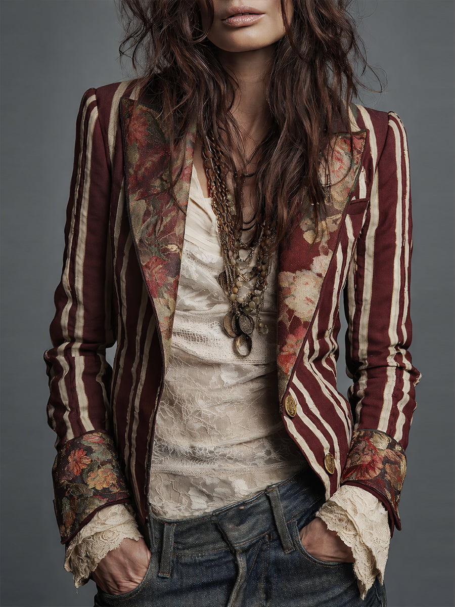 Floral Striped Notch Lapel Single Button Blazer 5