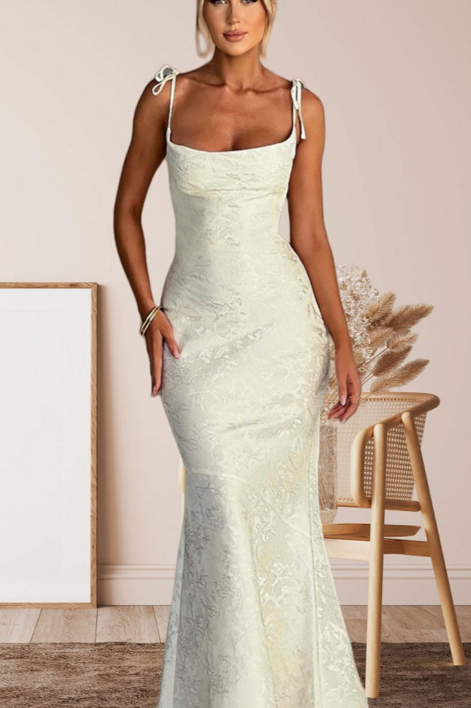 Square Neck Tie Strap Jacquard Mermaid Maxi Dress 12