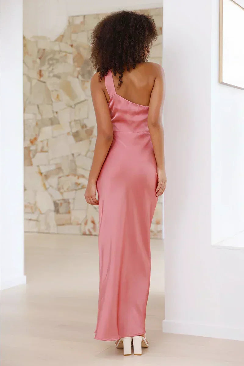Satin One Shoulder Bias Cut Slip Column Maxi Dress - View 3