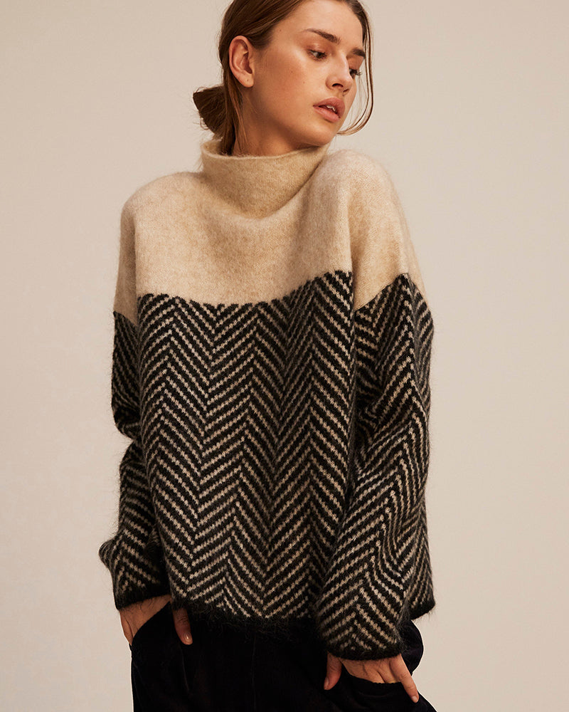 Turtleneck Herringbone Colorblock Oversized Sweater 2