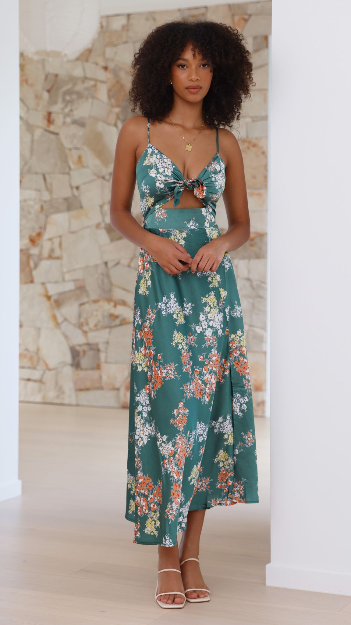 Floral Deep V-Neck Spaghetti Strap Tie Front High Split Midi Dress 28