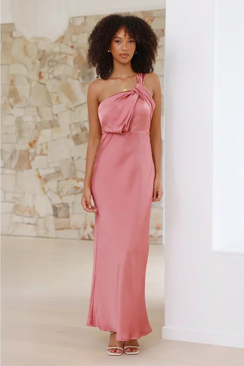 Satin One Shoulder Bias Cut Slip Column Maxi Dress - View 4