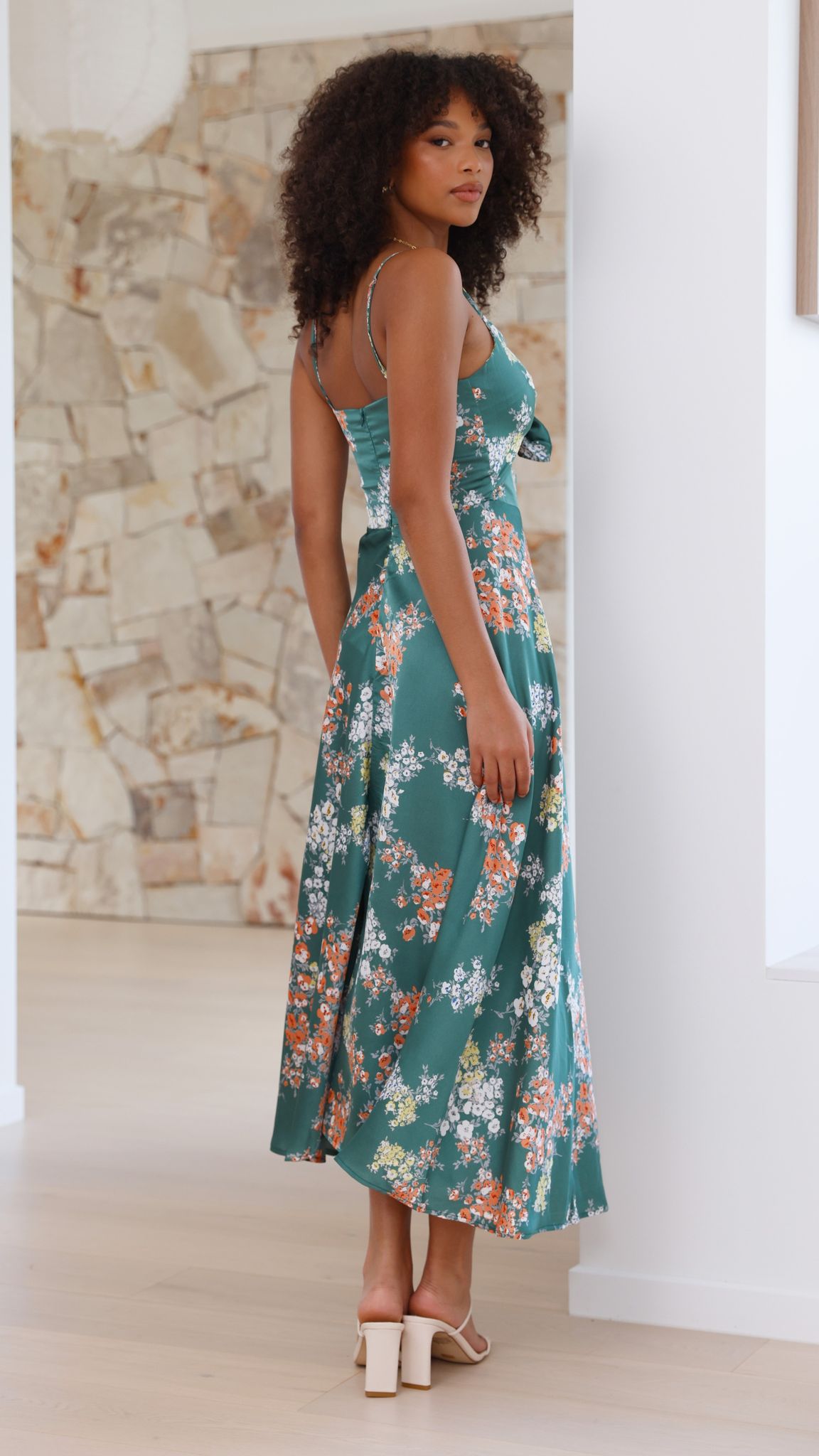 Floral Deep V-Neck Spaghetti Strap Tie Front High Split Midi Dress 27