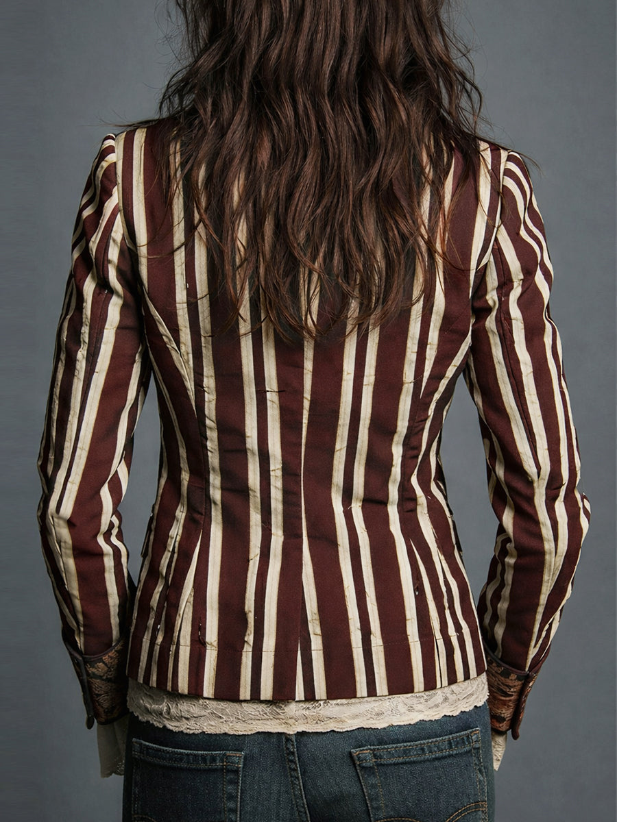 Floral Striped Notch Lapel Single Button Blazer 6