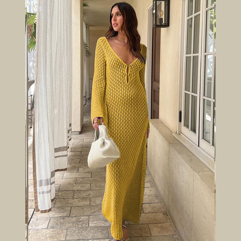 Crochet Deep V-Neck Bell Sleeve Fitted Maxi Dress - View 14