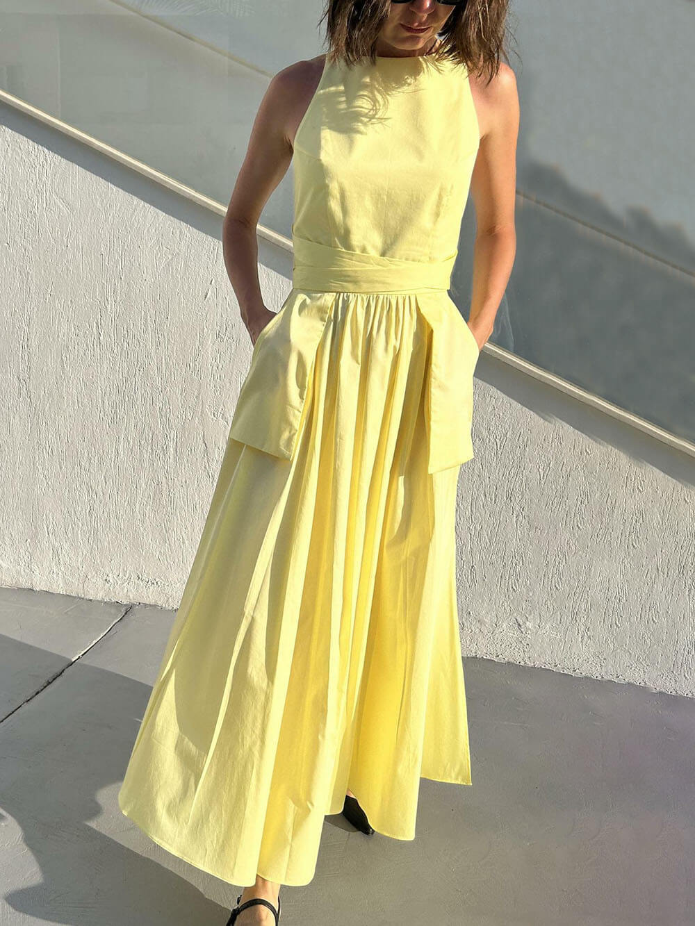 Spaghetti Strap Square Neck Tie Belt Side Pocket Maxi Dress - View 2