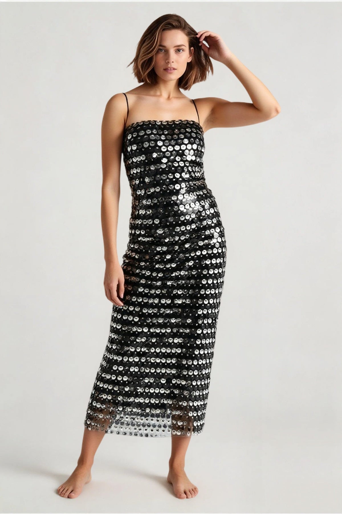 Sequin Striped Spaghetti Strap Square Neck Bodycon Midi Dress