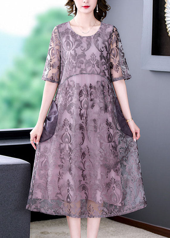 Burnout Damask Floral Mesh Overlay Round Neck Midi Dress - View 2