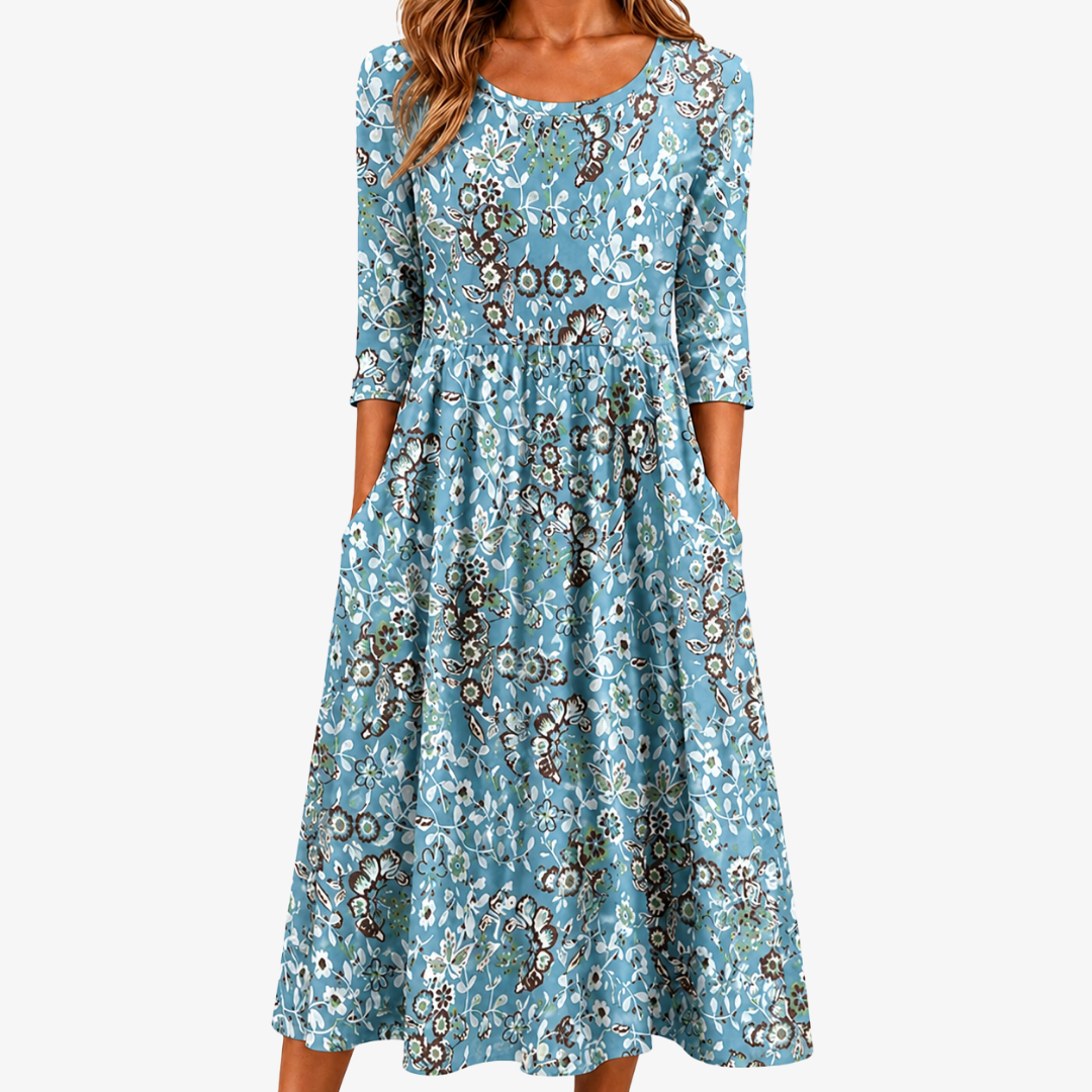 Butterfly Floral Round Neck 3/4 Sleeve Fit and Flare Midi Dress