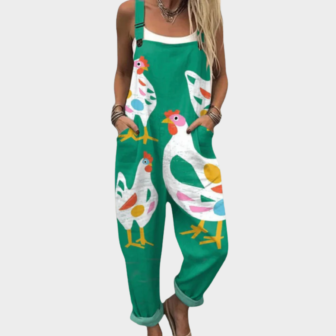Rooster Print Sleeveless Wide Leg Overall Jumpsuit