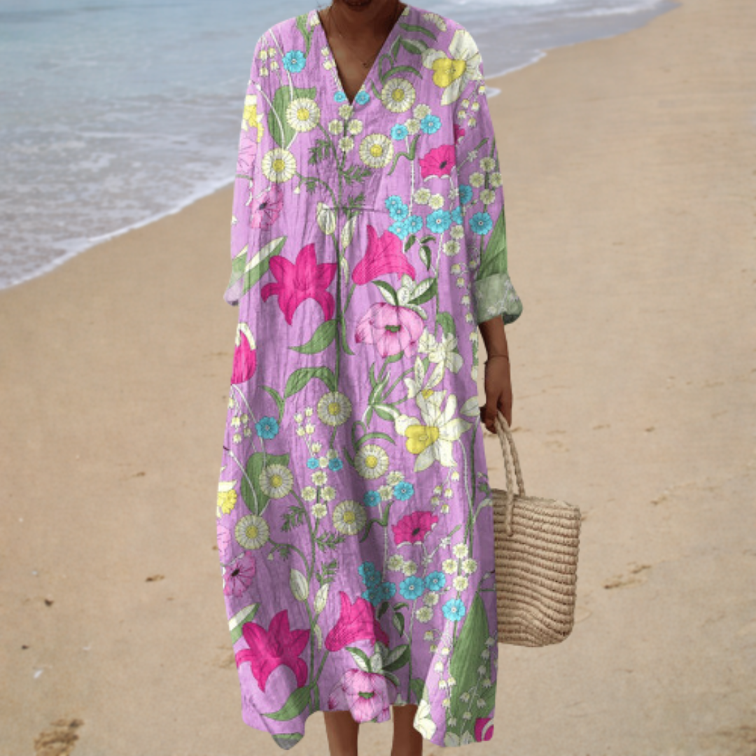 V-Neck Long Sleeve Botanical Floral Print Maxi Dress