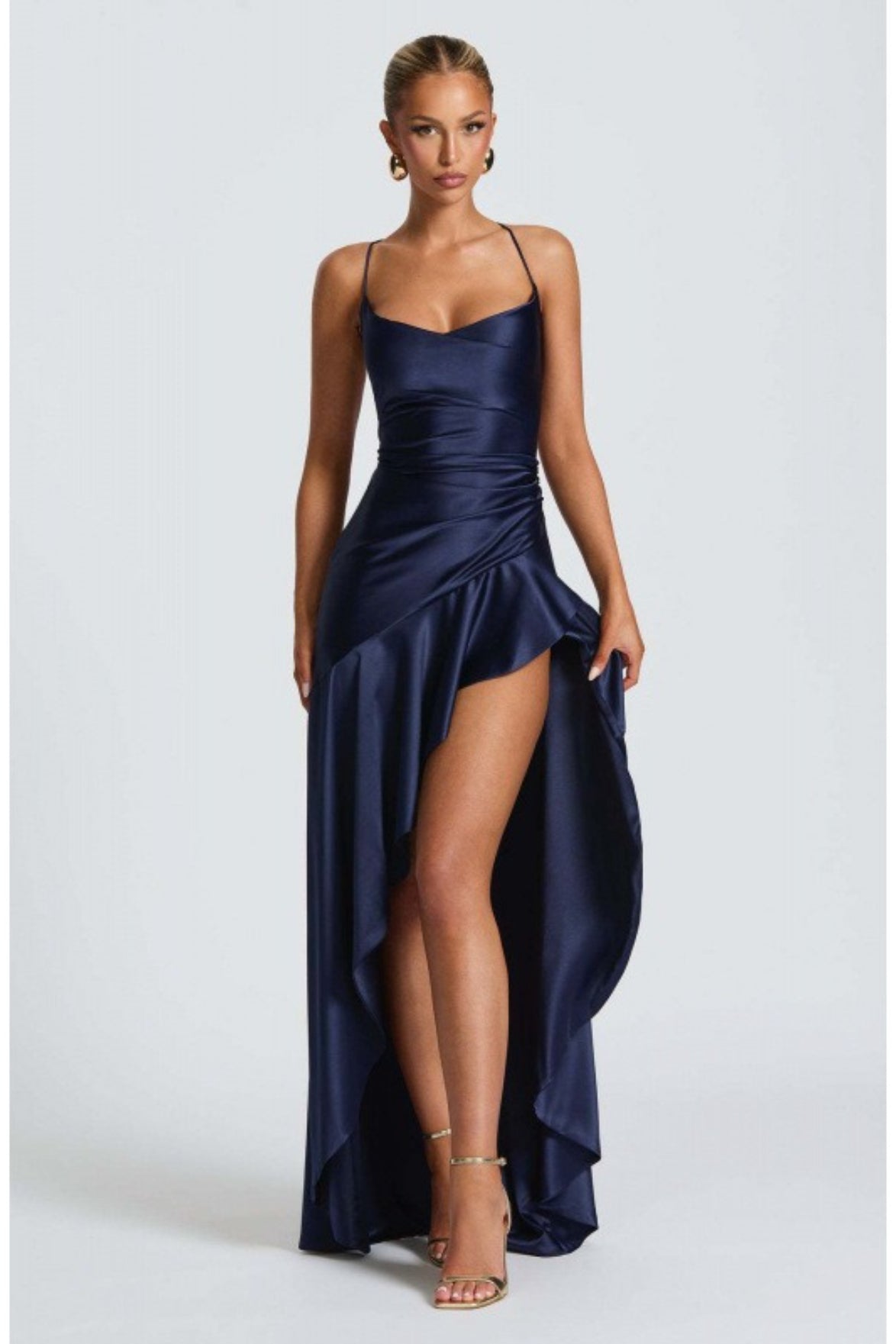 Satin Cowl Neck Lace Up Back Ruffle High Low Maxi Dress 7