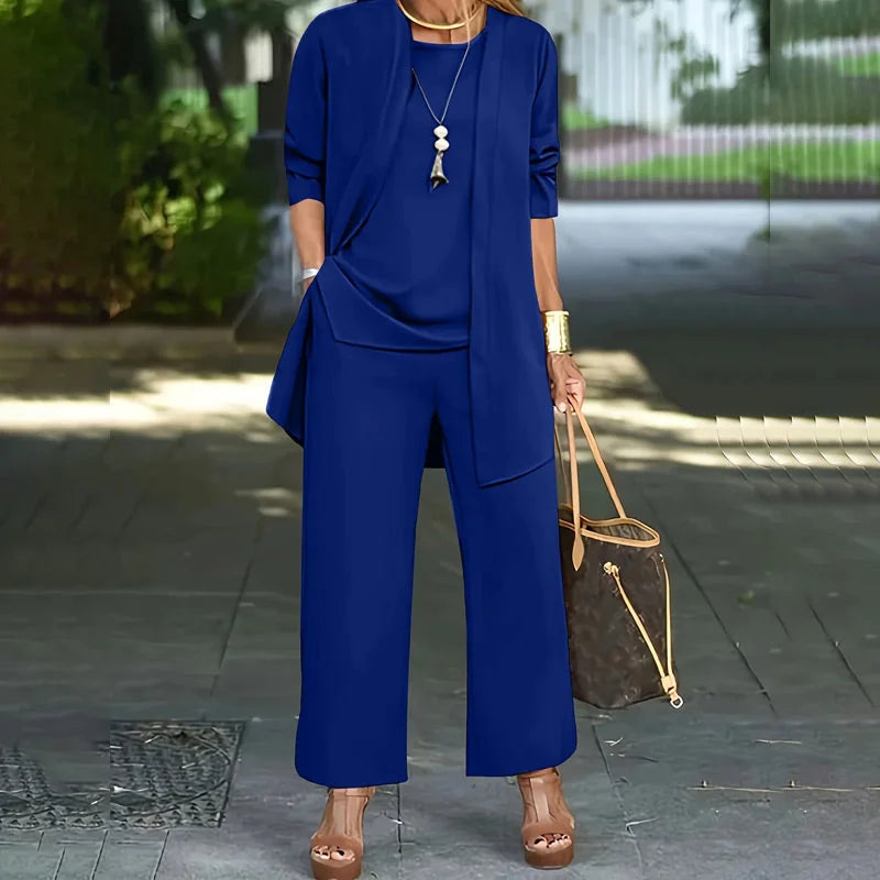 Round Neck Top Open Front Duster and Wide Leg Pants Three Piece Set 2