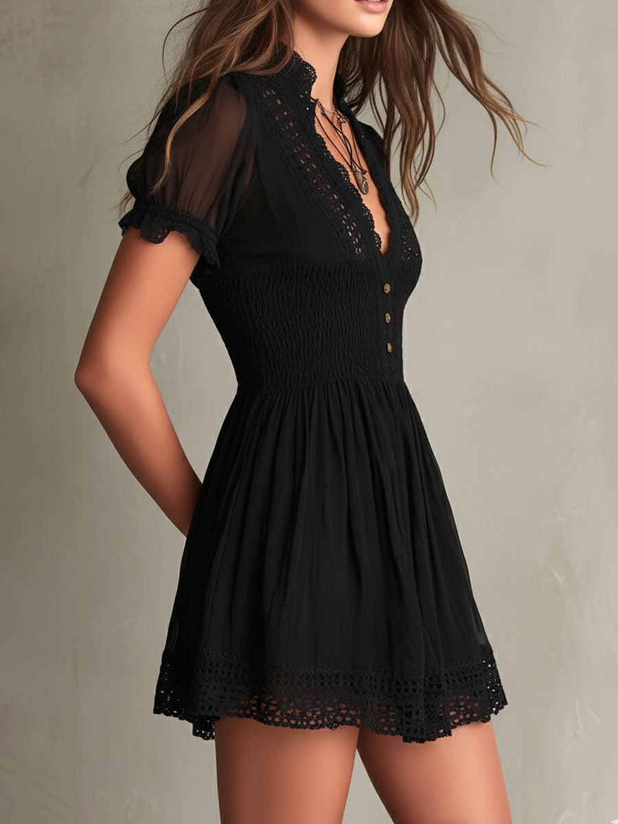 Deep V-Neck Puff Sleeve Smocked Lace Trim Mini Dress 4