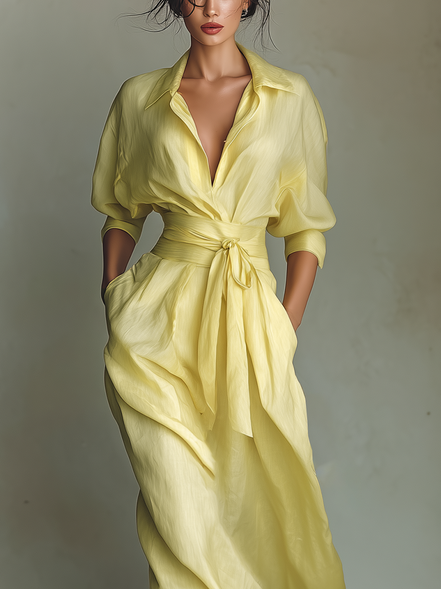 Collared Deep V-Neck Tie Waist Flowy Maxi Shirt Dress 4