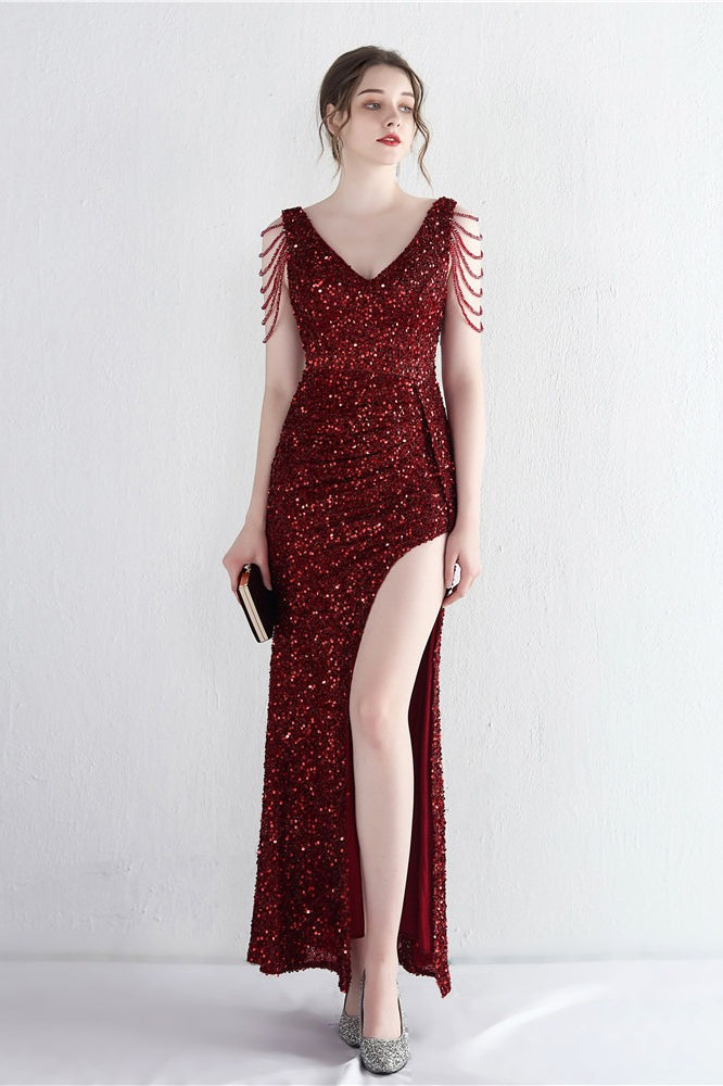 Sequin V-Neck Beaded Fringe High Split Mermaid Gown - View 14