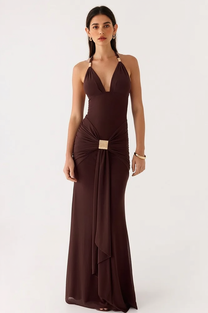 Deep V-Neck Halter Neck Backless Sash Bodycon Maxi Dress - View 7