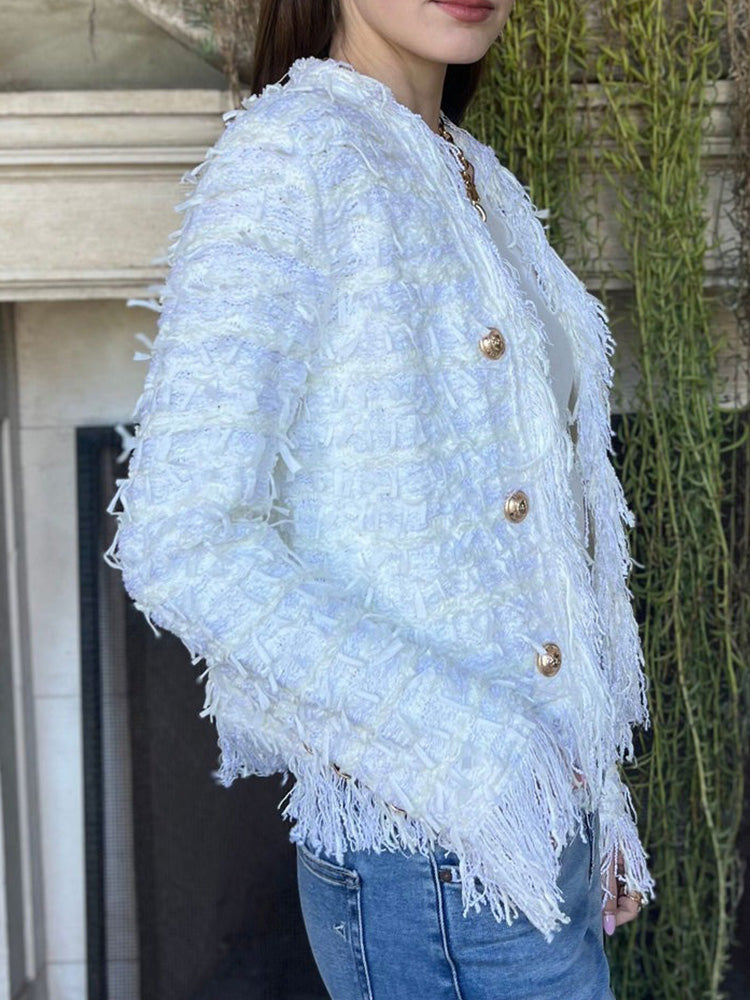 Fringe Trim Gold Button Tweed Jacket 2