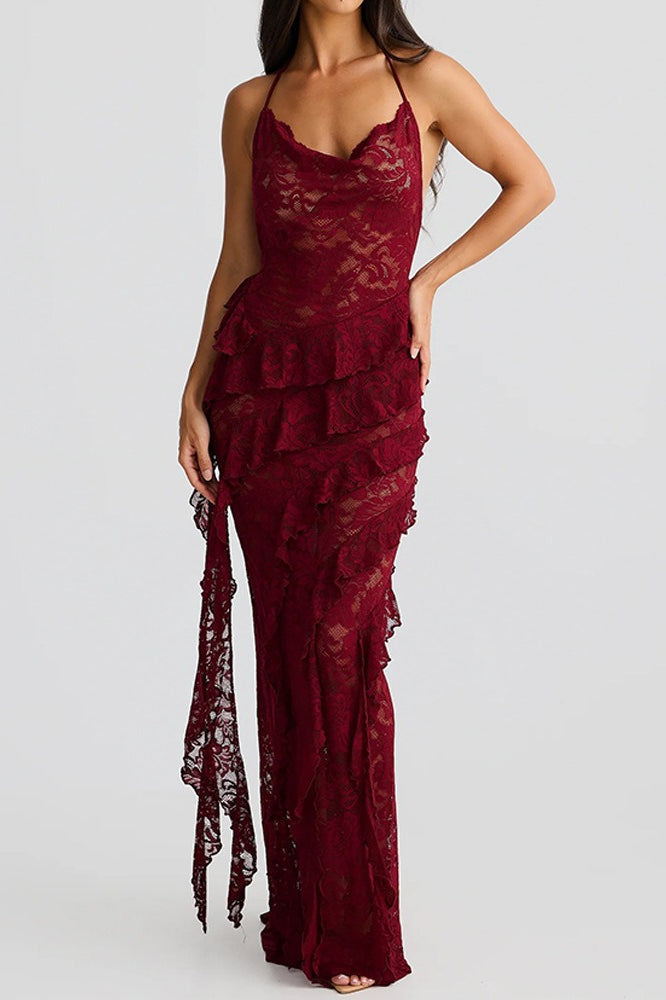 Backless Lace Halter Bodycon Maxi Dress - View 8