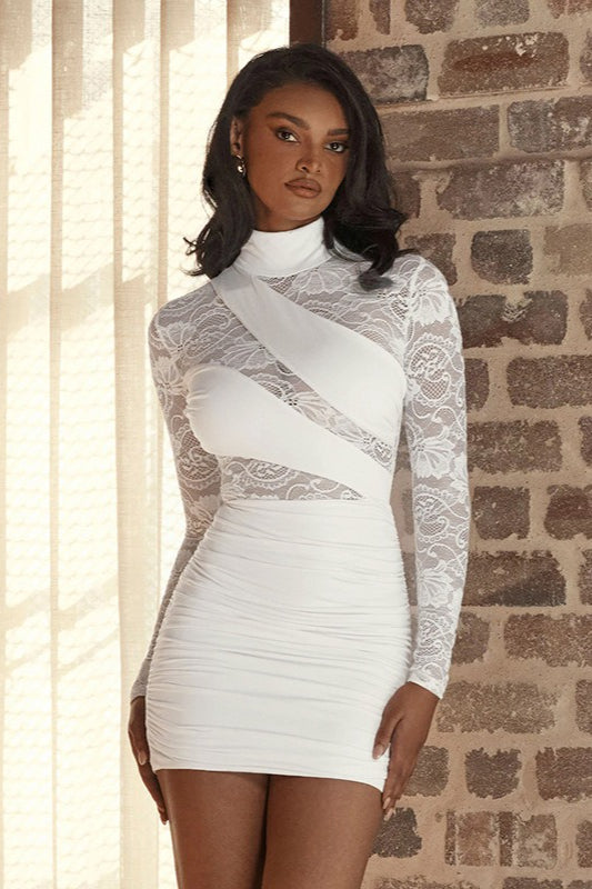 High-Neck Lace Sheer Mesh Dress