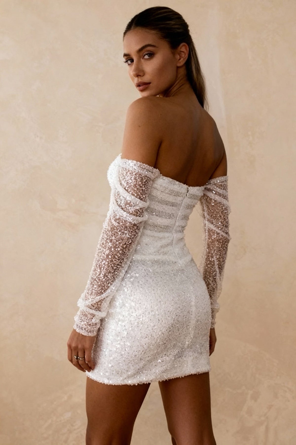 Off Shoulder Long Sleeve Sequin Ruched Bodycon Mini Dress 3