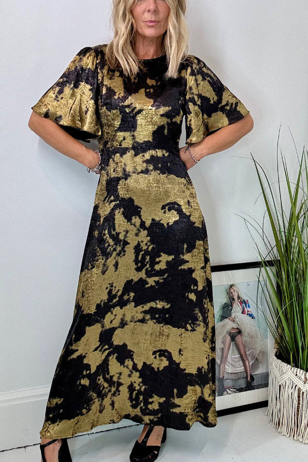 Metallic Marble Print Crew Neck Flutter Sleeve A-Line Maxi Gown