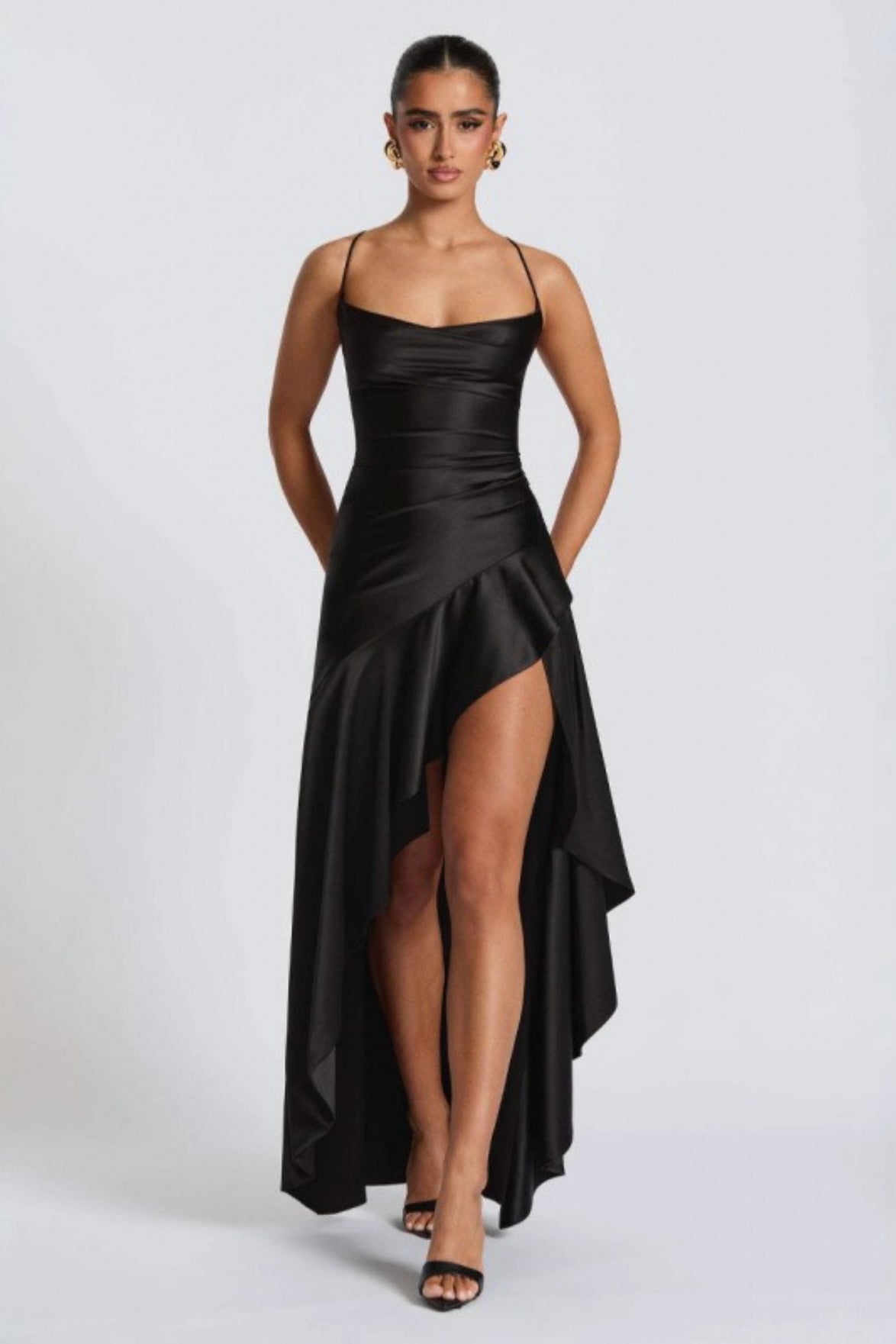 Satin Cowl Neck Spaghetti Strap Ruffle High Split Slip Maxi Dress - View 5
